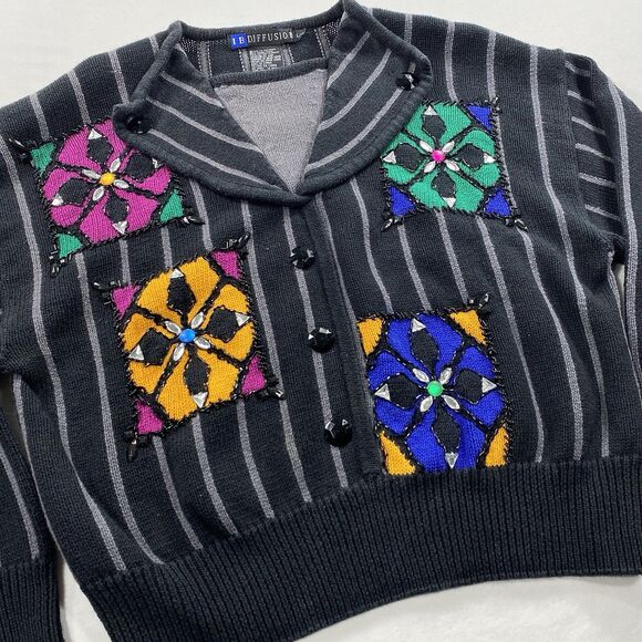 VTG IB Diffusion Sweater Womens Large Black Gray Beaded Knit 90s Grandmacore - Picture 2 of 10